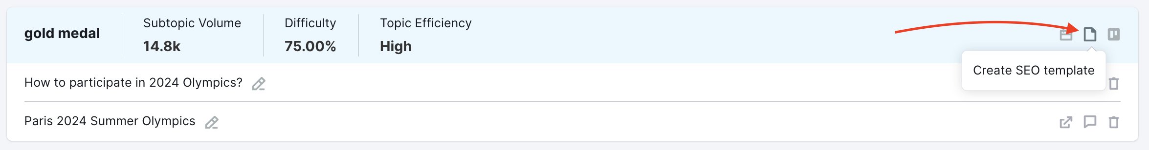 A red arrow highlights the create SEO template button.