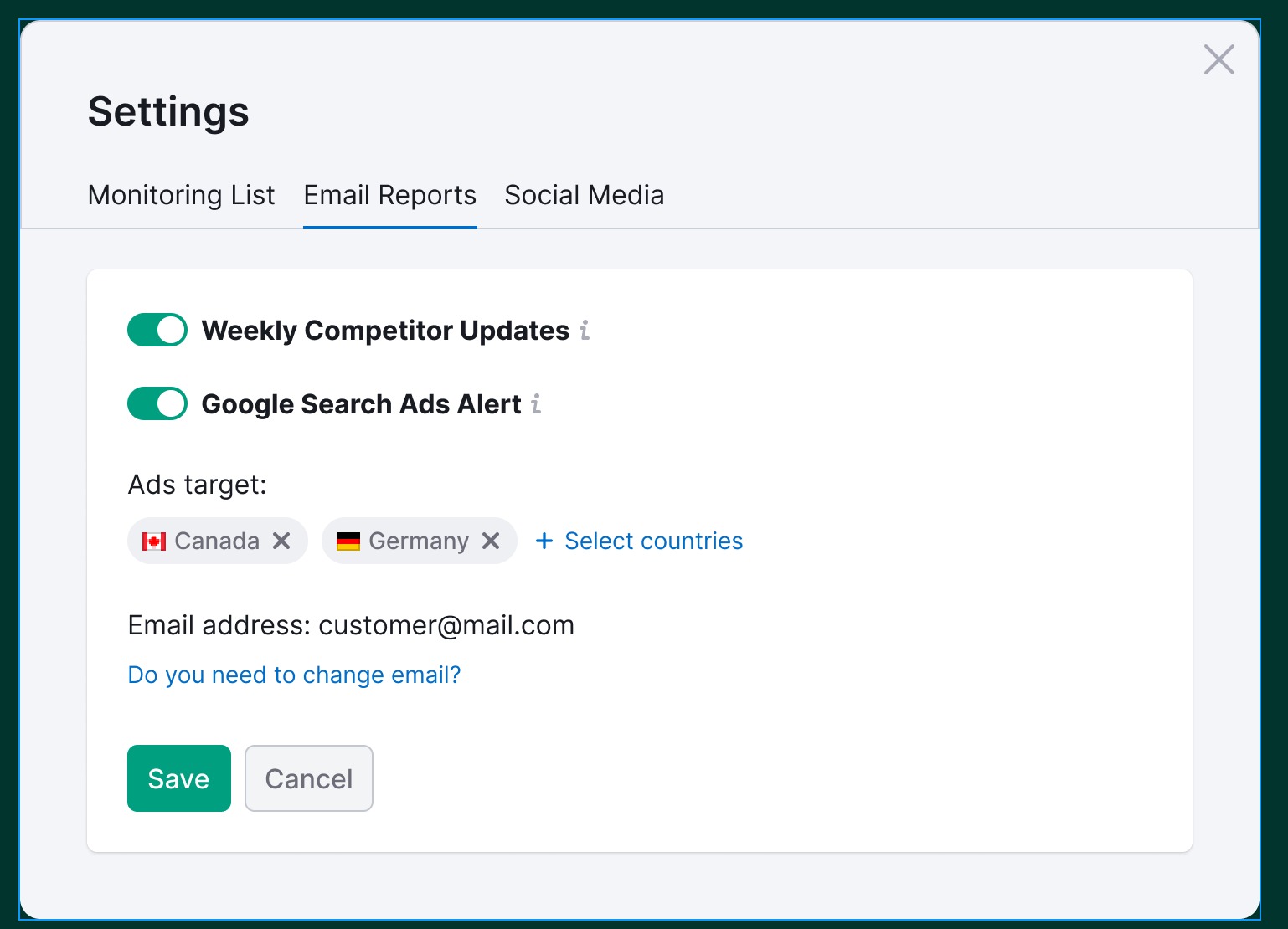 The settings window. Inside the Email Reports tab. The Weekly Competitor Updates and Google Search Ads Alerts toggles are on. The select target countries are Canada and Germany.