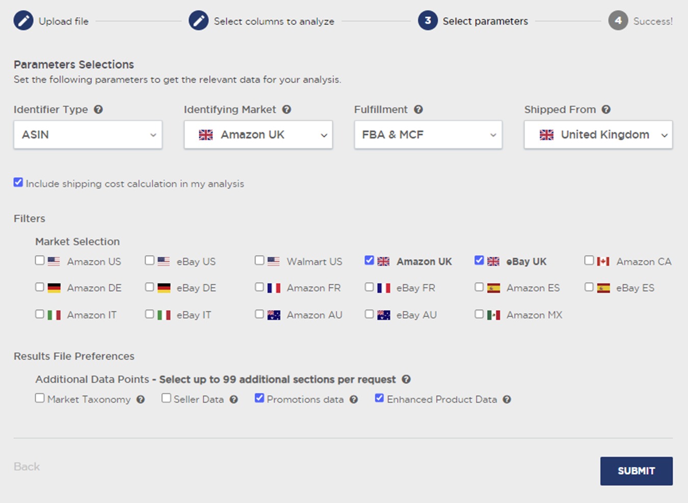 Selecting parameters in the &lsquo;Multi Product Analysis&rsquo; feature of Product Research Pulse.