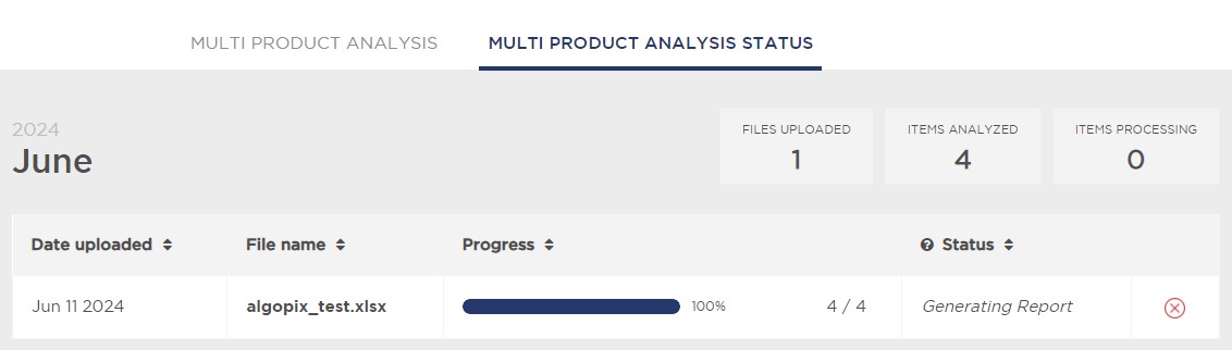 The status tab in the &lsquo;Multi Product Analysis&rsquo; feature of Product Research Pulse.