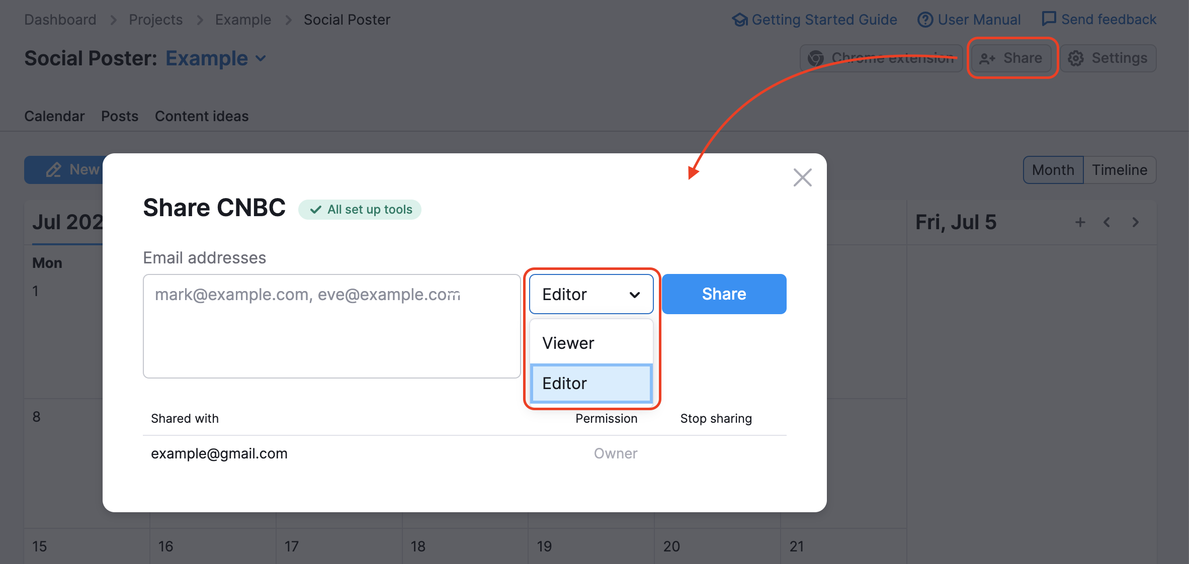 Pop up screen when sharing a project from Social Poster that opens after clicking the Share button. The drop down menu shows Viewer and Editor options.
