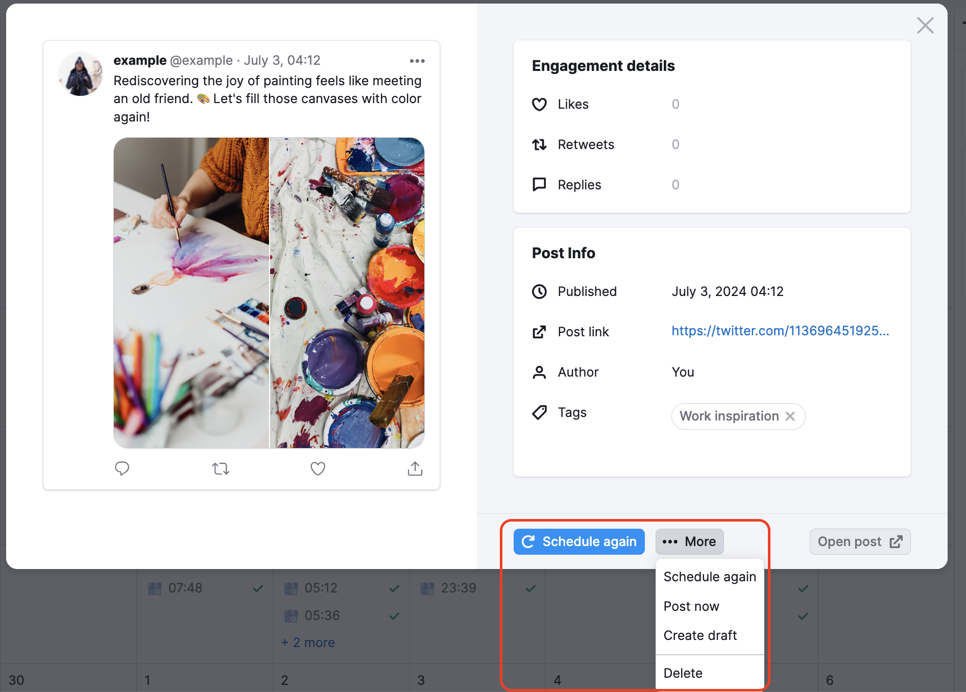 Schedule again and More buttons in the Social Poster are highlighted.