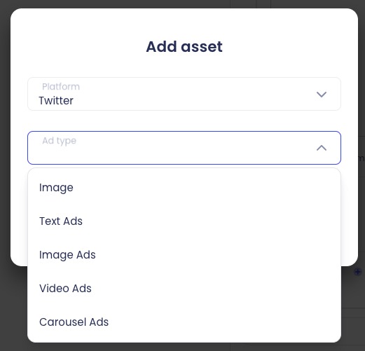 'Add asset' widget with a dropdown selection for users to choose the platform for the asset. Below is another dropdown to list for users to select the ad type. Types of ad include image, text, video, and carousel.&nbsp;