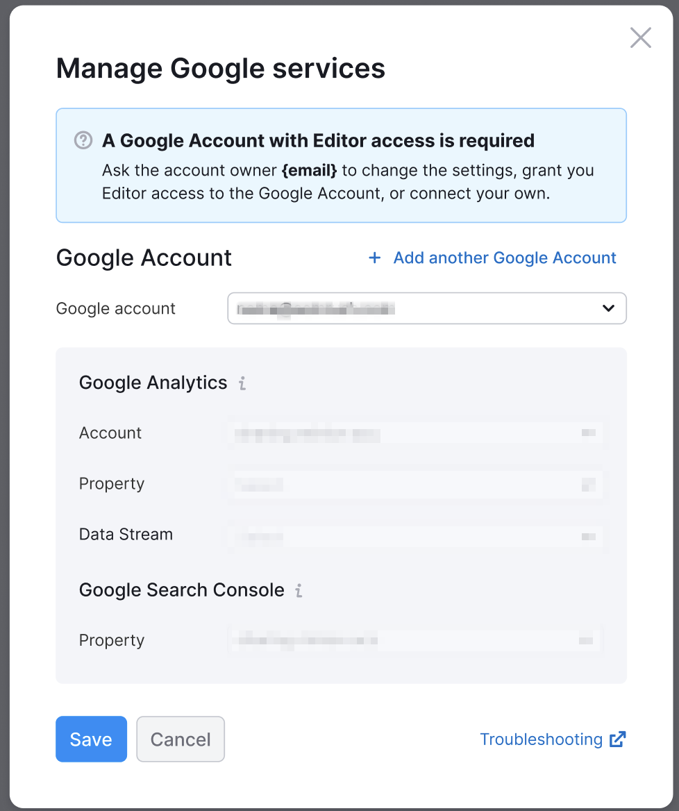 An example of the Set up Google Analytics account pop-up in the Project's dashboard. On top of the pop-up there's a notification 'A Google Account with editor access is required'.