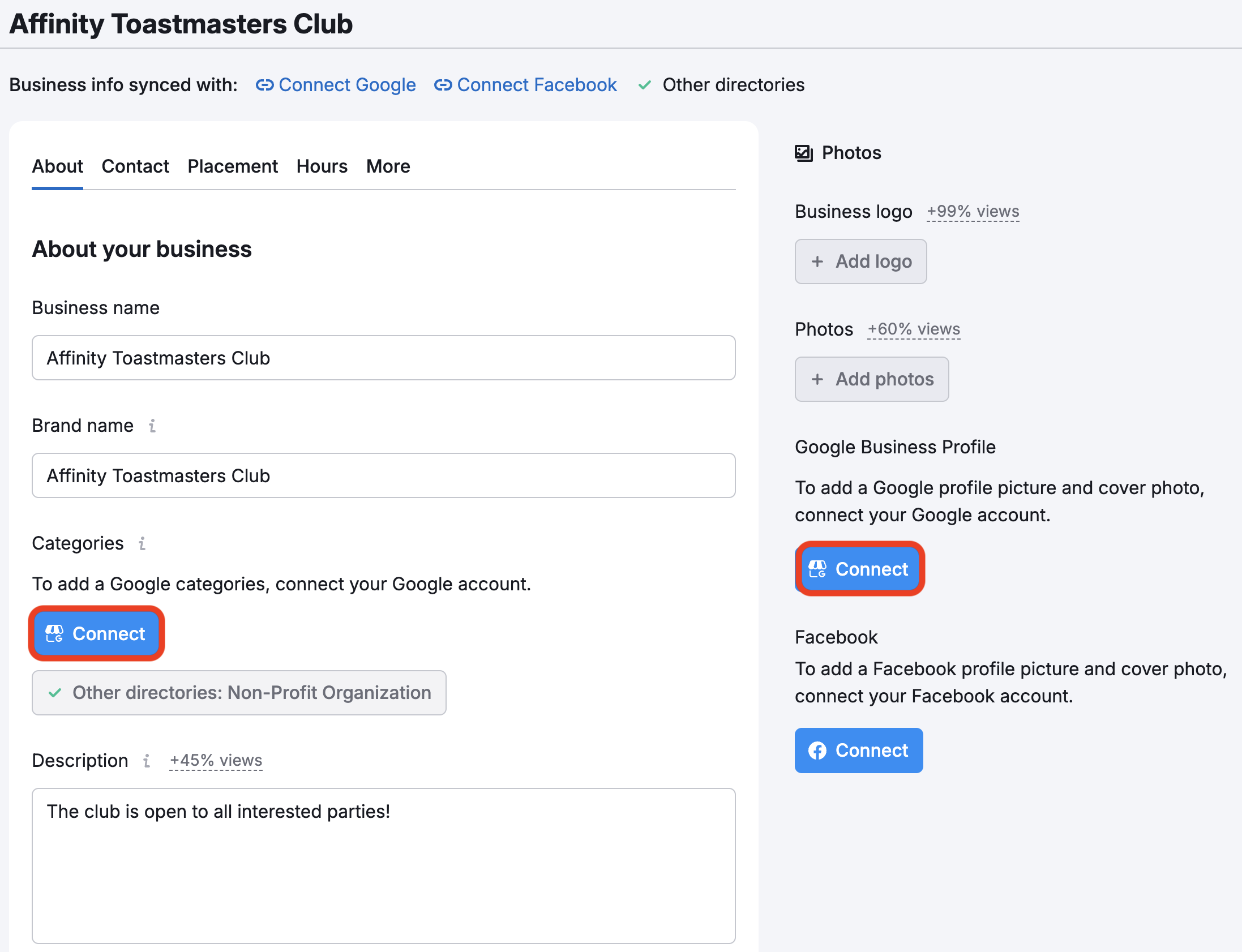 Google Business Profile information within Edit Location.