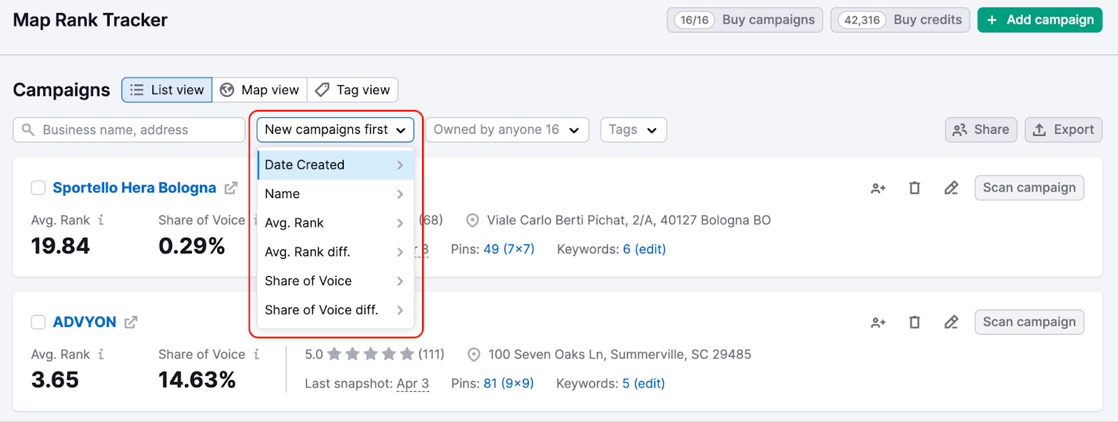 Map Rank Tracker with the sorting drop-down next to the search bar highlighted with a red rectangle.