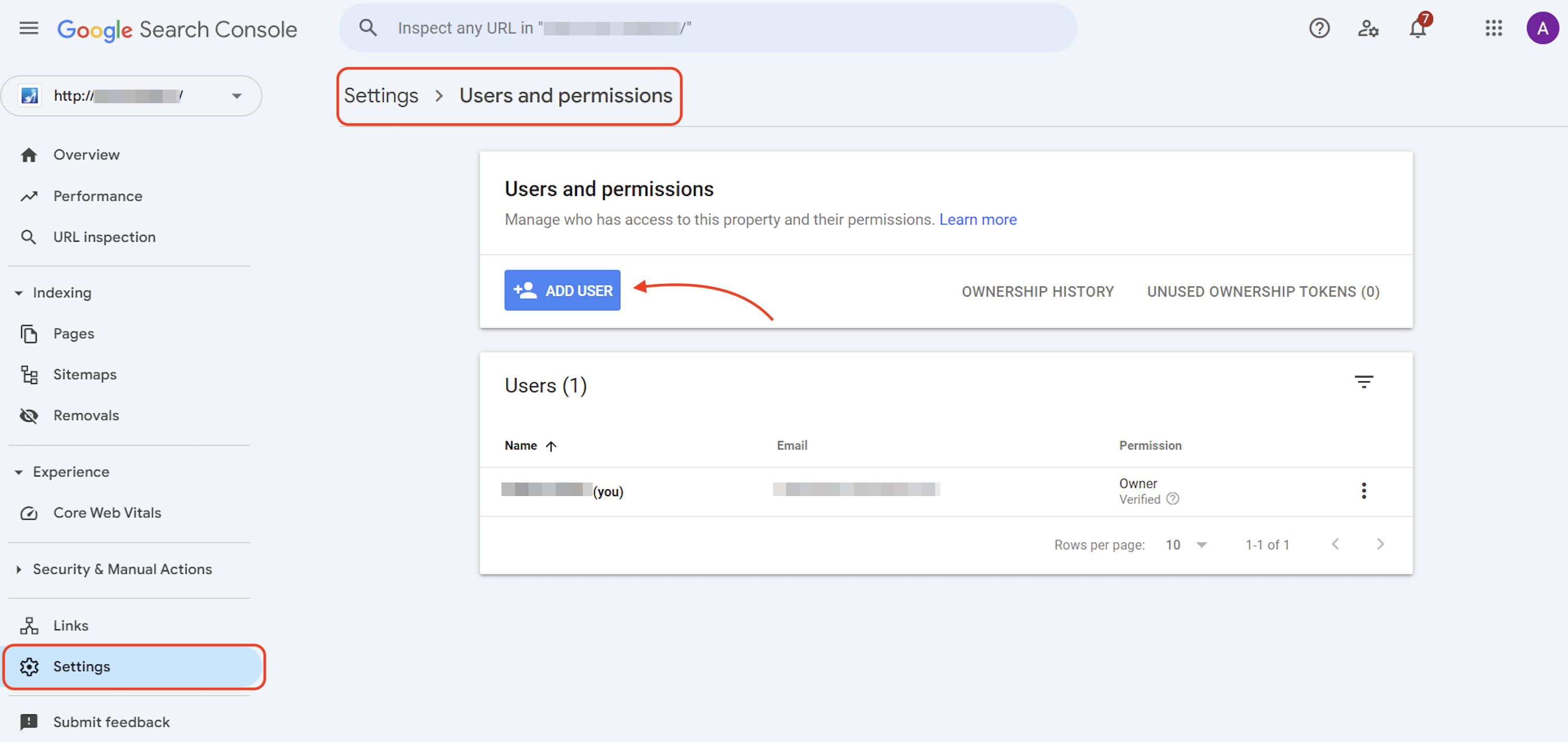 The Google Search Console users and permissions settings.