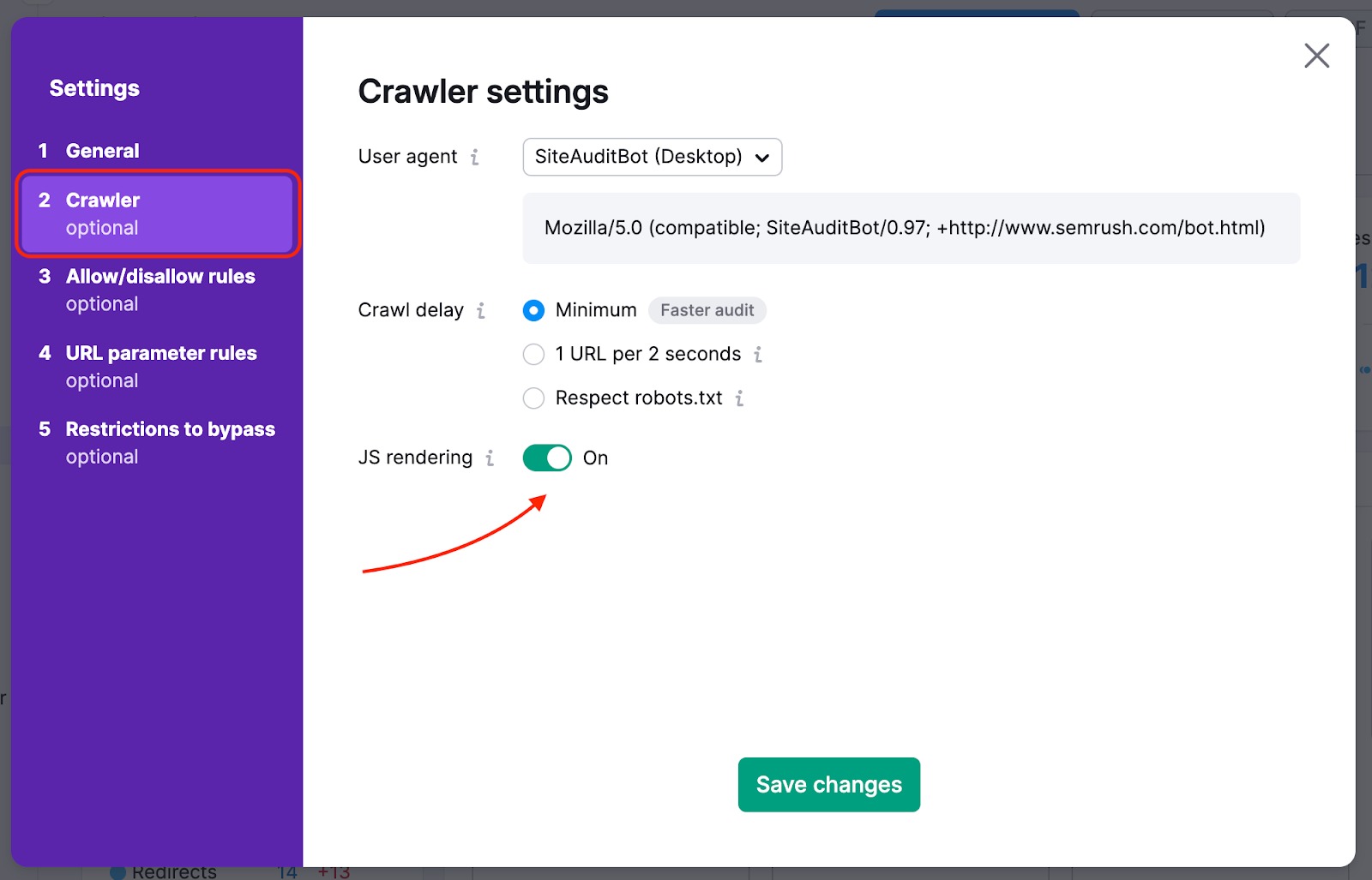 Site Audit settings window with the second tab, Crawler settings, on display. The JS rendering part, which is the last one on this tab, is highlighted to make this option easier to find.