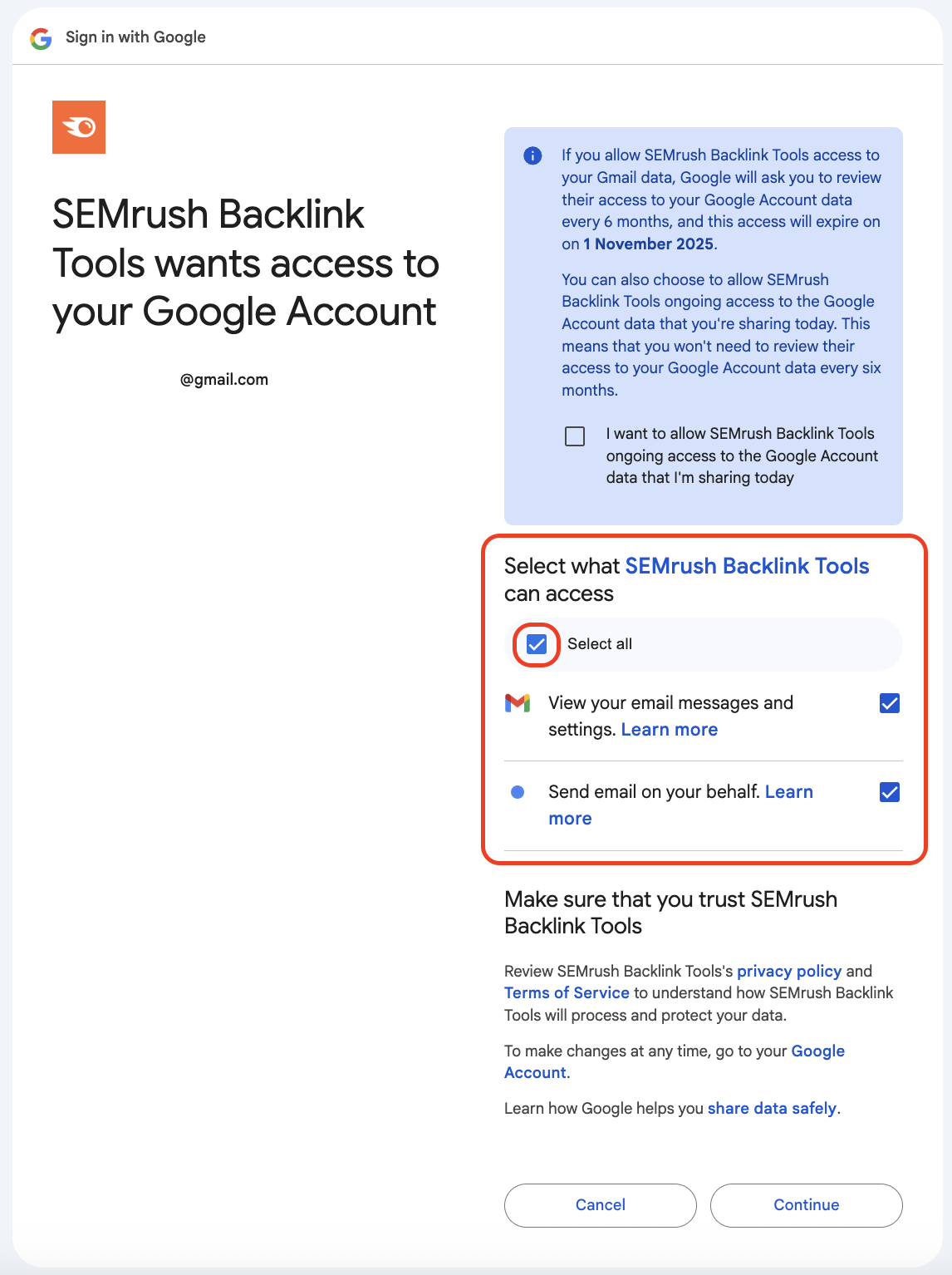 The Select all filed is highlighted with a red rectangle in the pop-up window allowing the connection of Backlink Audit to a Google Account. 