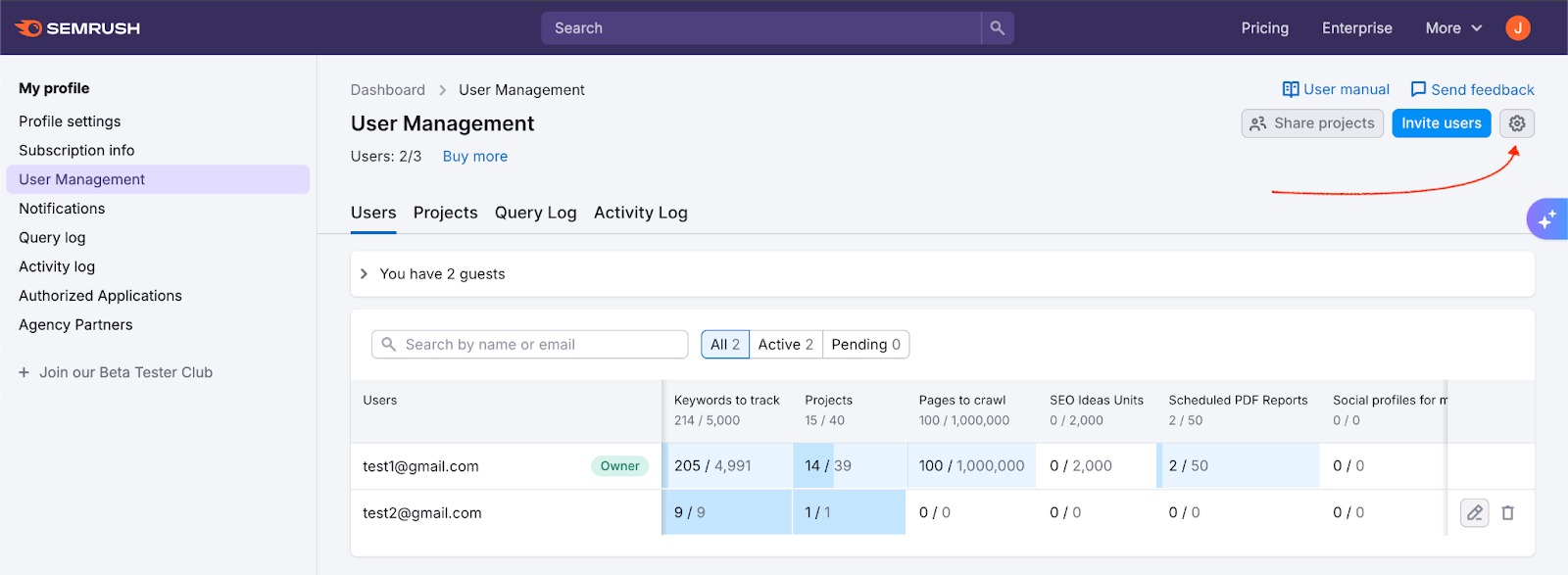 A red arrow highlights the settings button in User Management. 