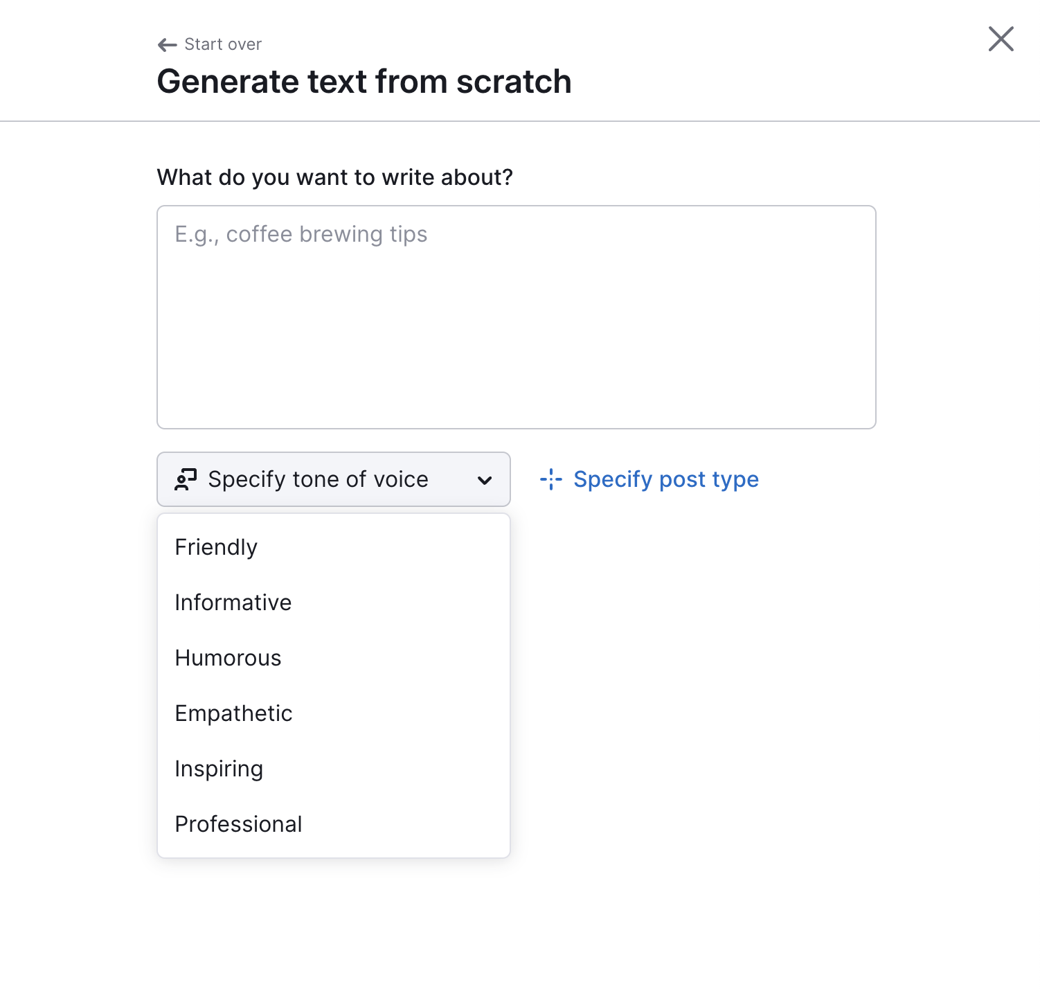 The Specify tone of voice drop-down with options: friendly, informative, humorous, etc.