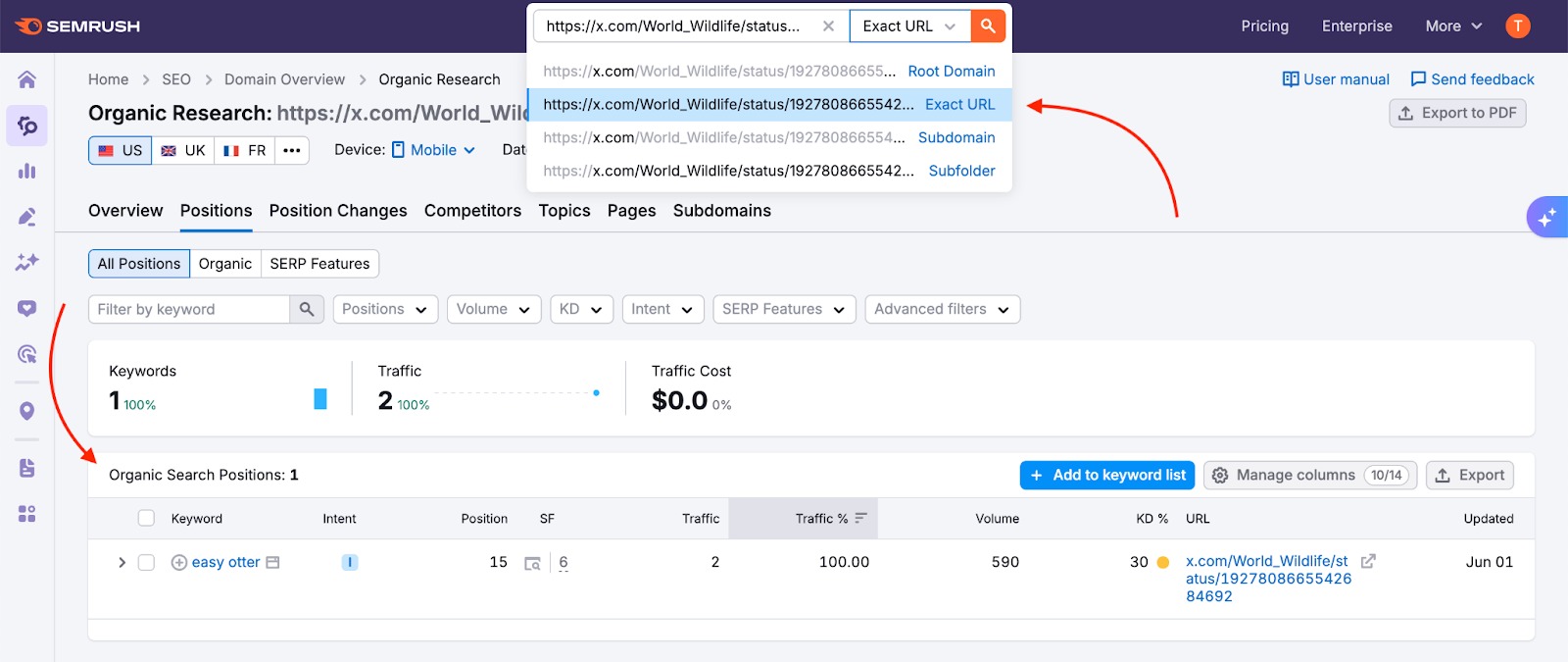 The Organic Research search bar with an X post entered for analysis.