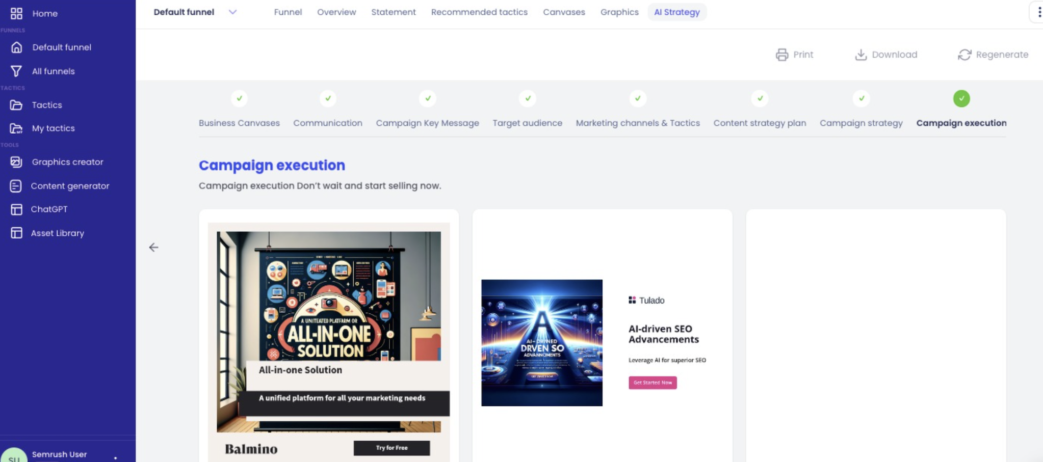 'Campaign execution' is the final tab in the AI Strategy section. The screen shows a range of marketing visuals that can be downloaded and used in campaigns.&nbsp;