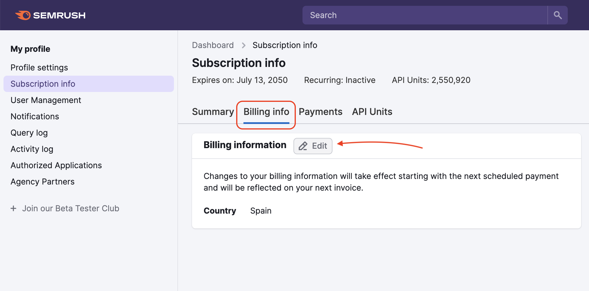 Subscription Info page with the Billing Info tab open.