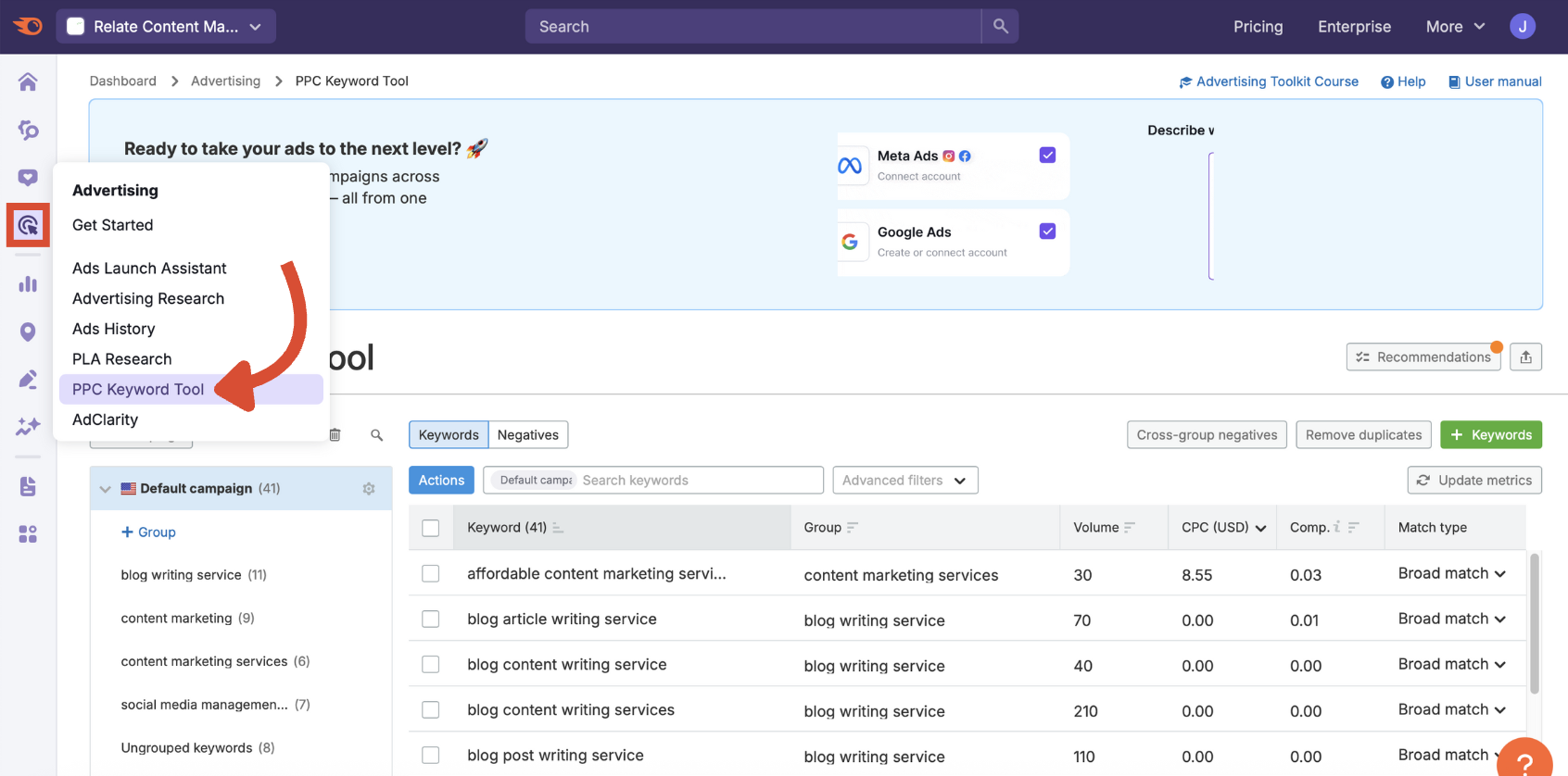 Where to access the PPC Keyword Tool from the Semrush side menu.