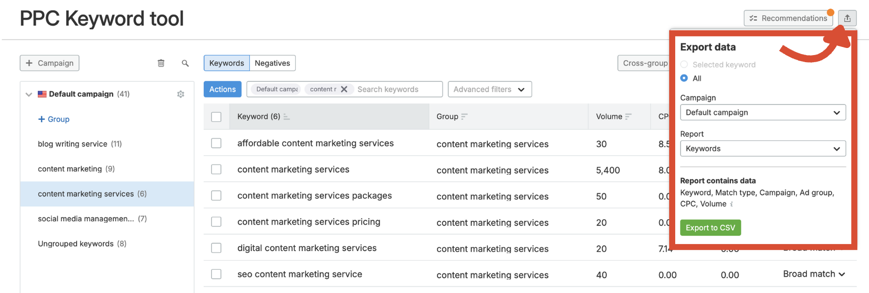 The export menu in the PPC Keyword Tool.