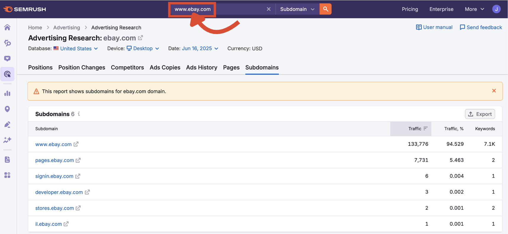 Search bar in Advertising Research with ebay.com entered.