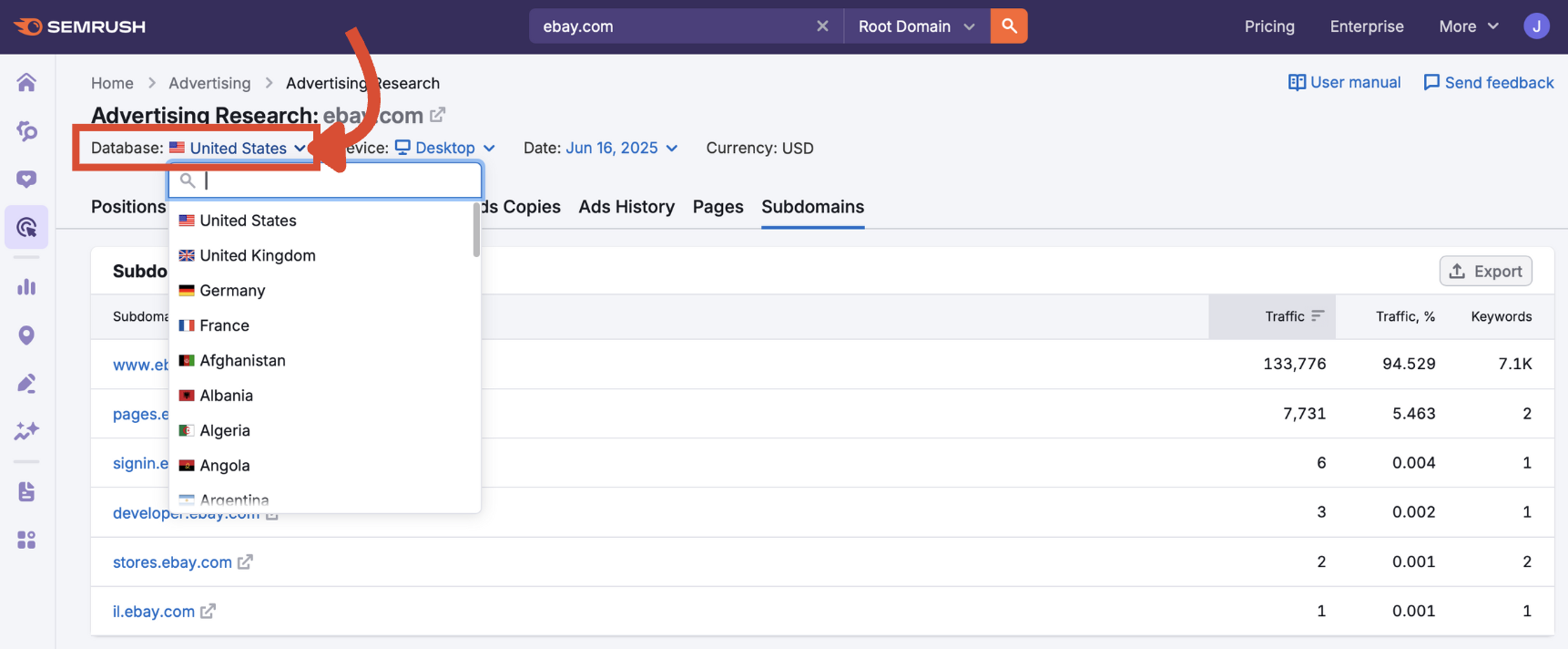 Database dropdown with United States selected.