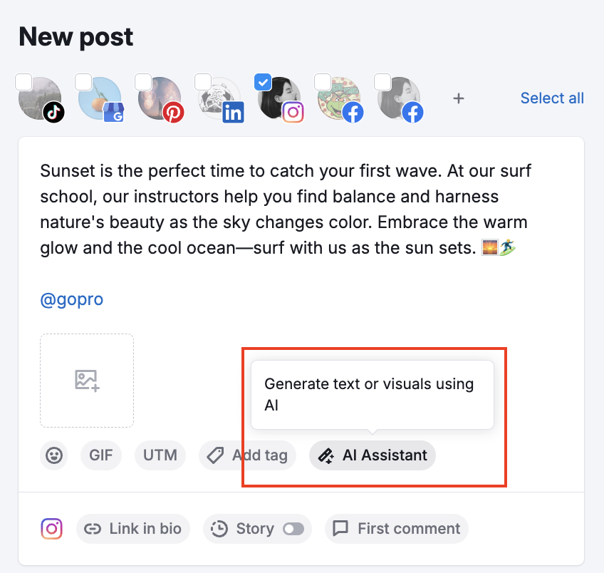 Post editor with the AI Assistant button highlighted, which opens a right-hand menu offering options to create text or visuals.