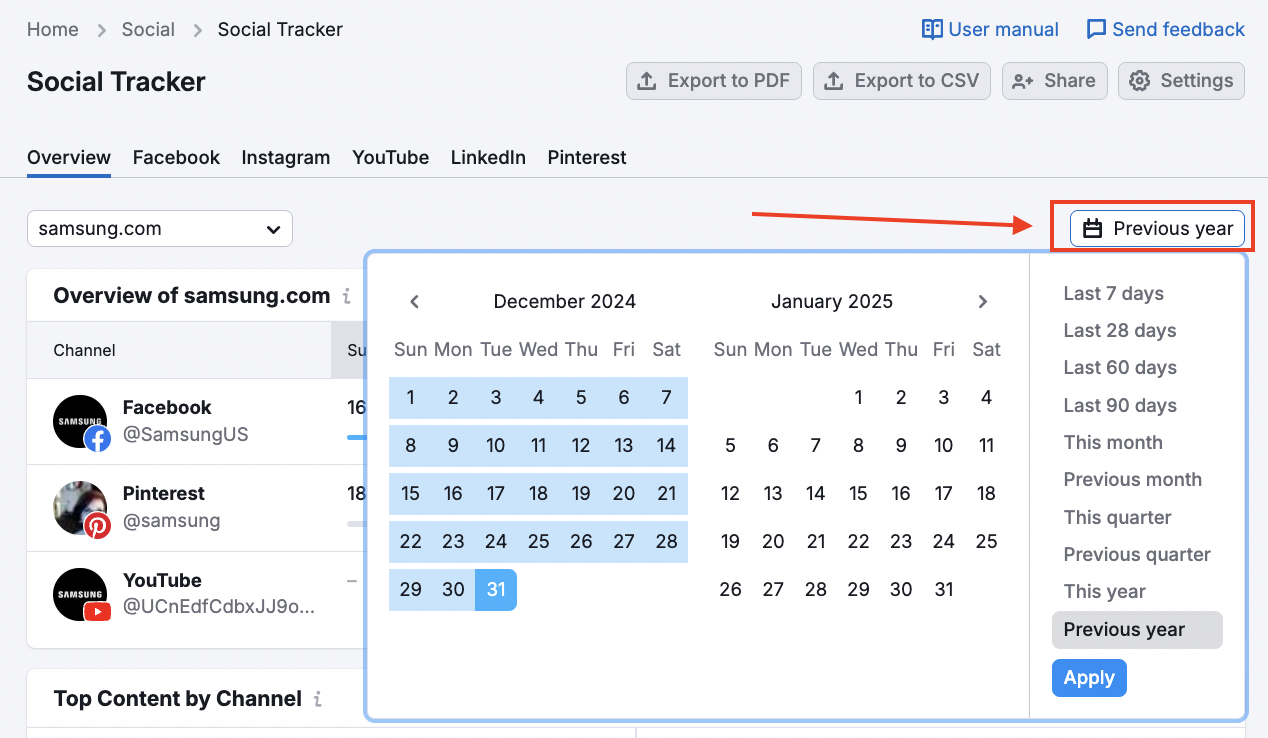 The Social Tracker Overview report with an open date range menu in the top-right corner.