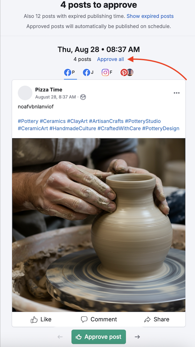 A red arrow is pointing to the Approve all button on the posts approval page.