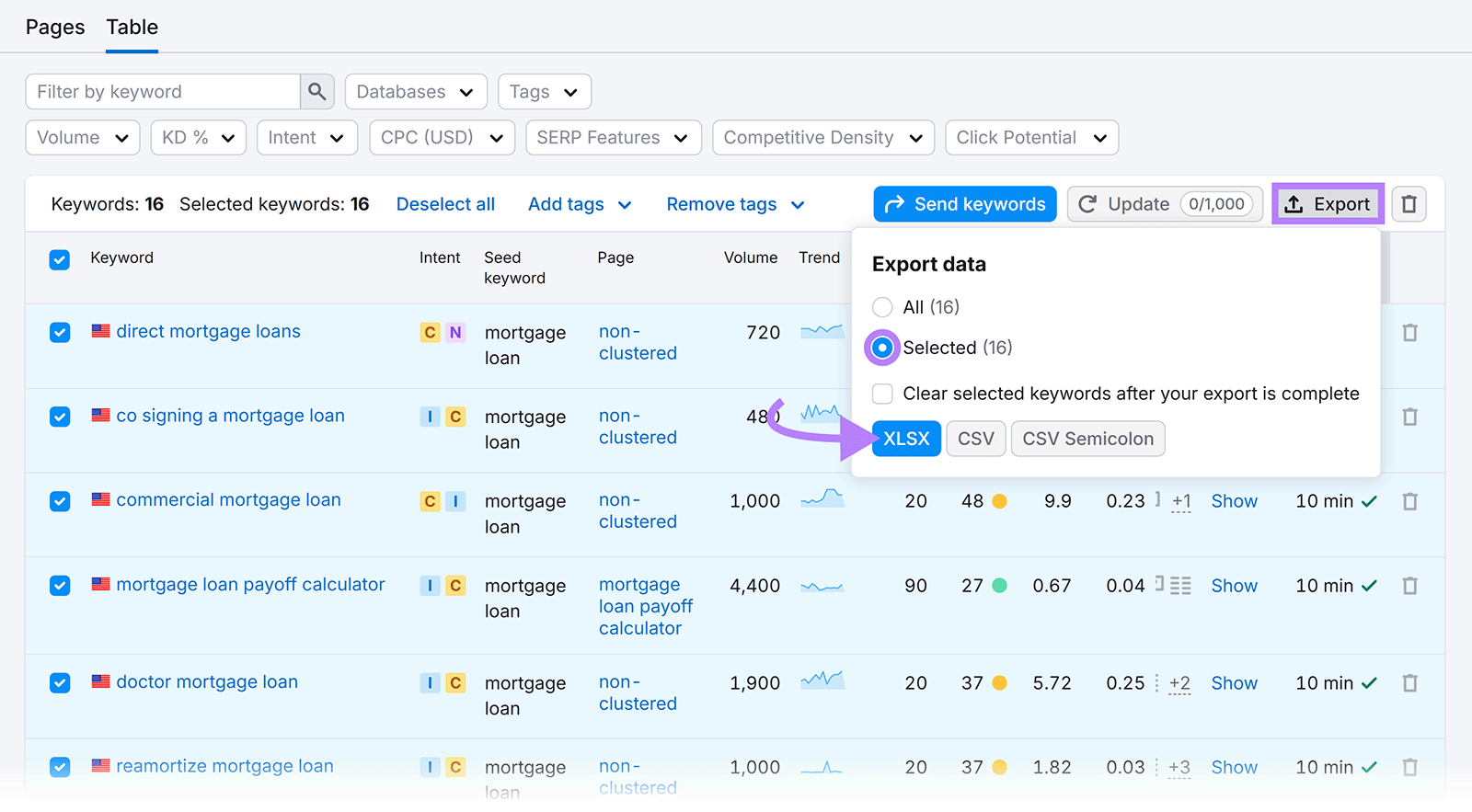 Export button clicked, options selected and arrow pointing to XLSX button