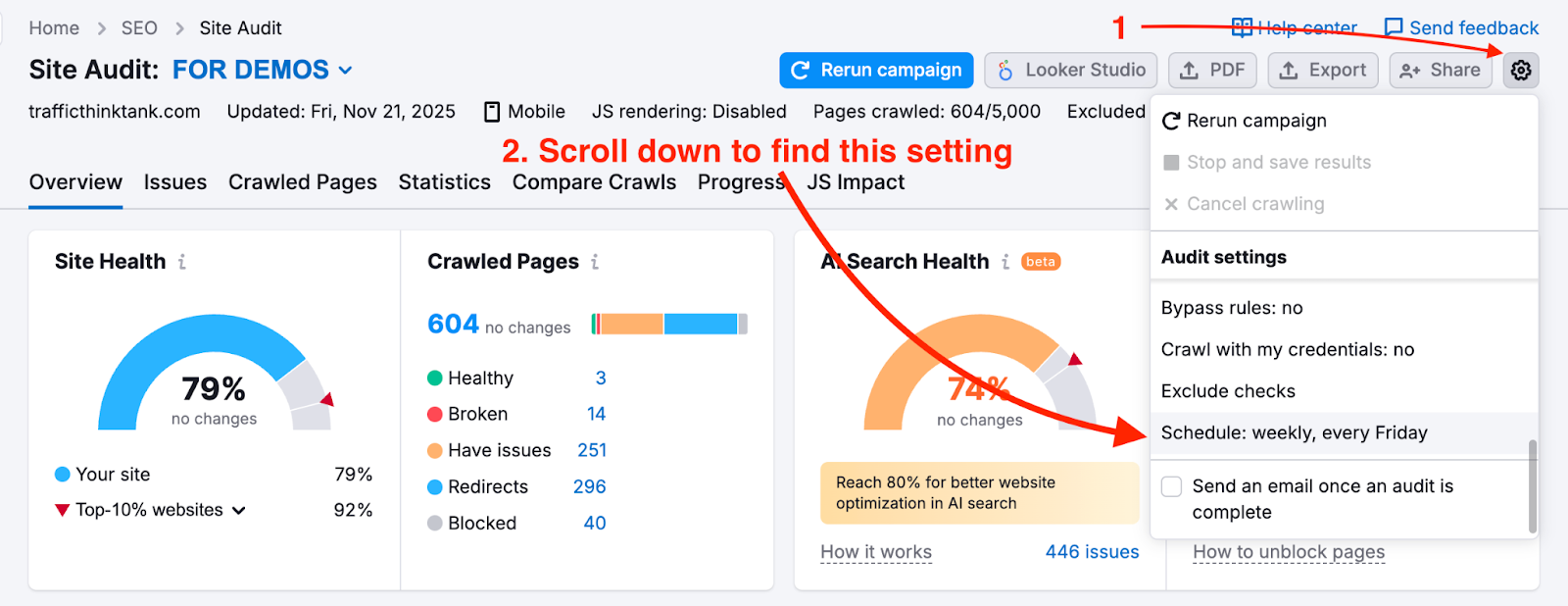 An example of the Site Audit Overview report. A red arrow is pointing at the gear icon in the top right corner. Underneath the icon, a dropdown menu is opened where another red arrow is pointing at the Schedule settings. In this example, schedule is set to Weekly, Every Friday. A text under the second red arrow says: scroll down to find this setting.