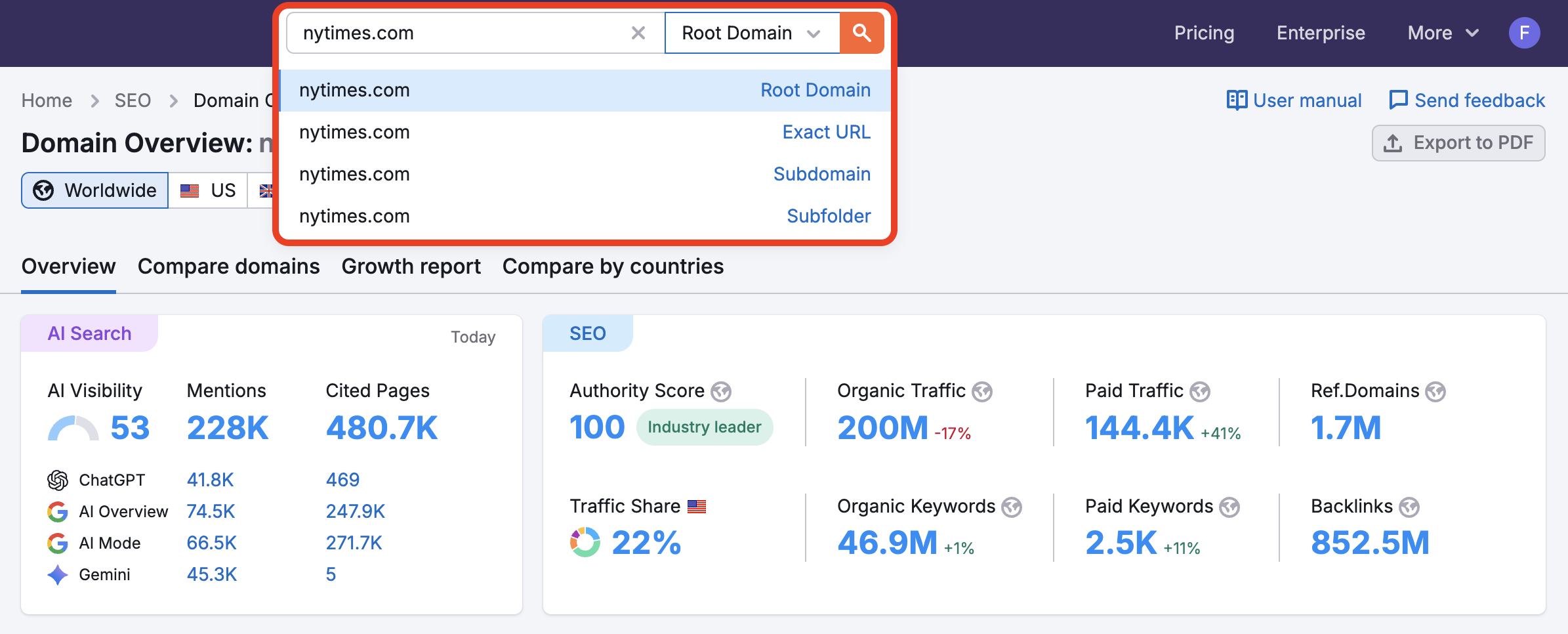 After entering a website into a search bar, open the dropdown menu via the arrow icon on the right. The list of available options (root domain, exact URL, subdomain, subfolder) will be available for selection.
